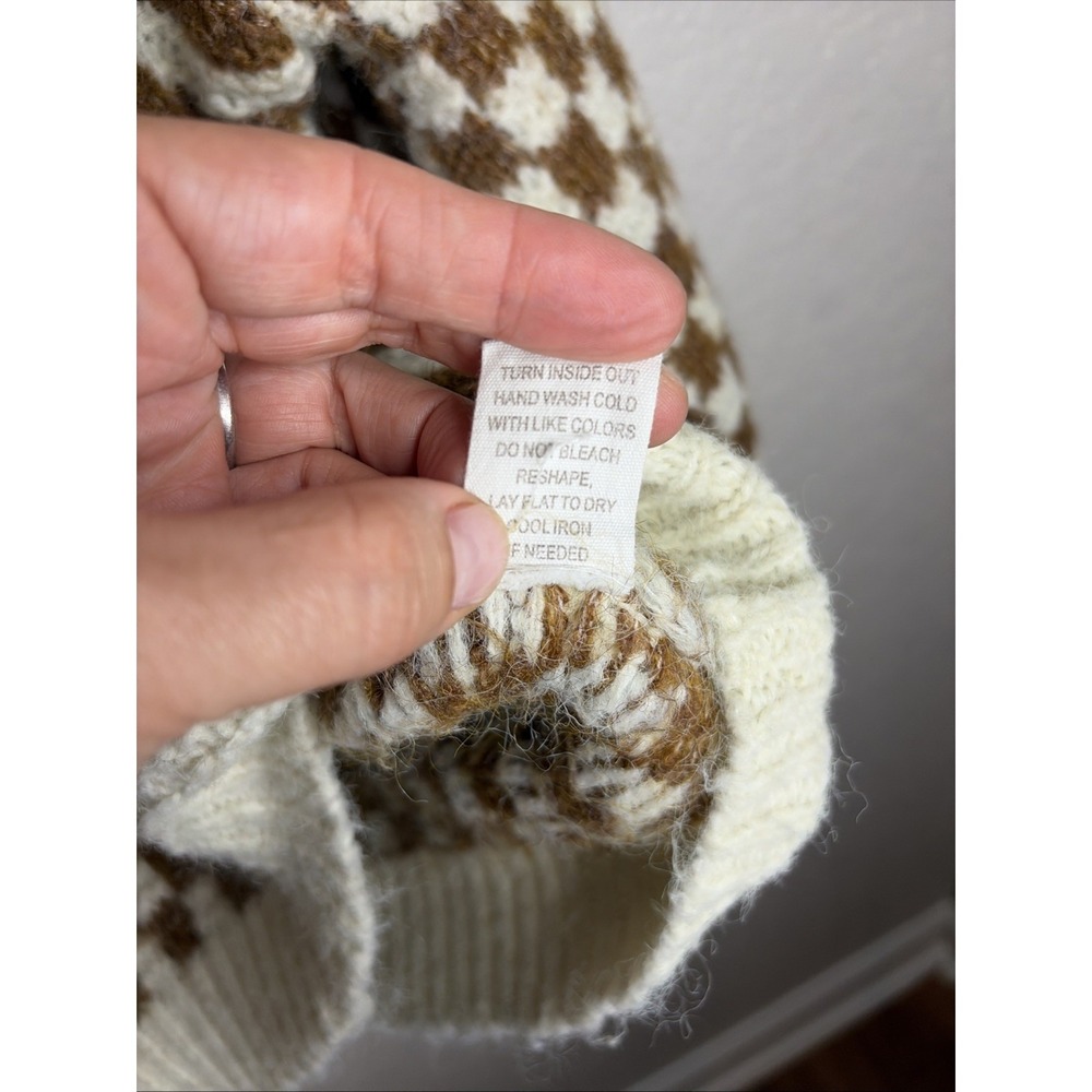 Blu Pepper Stripe & Checkered Crewneck Knit Sweater, Cream/Caramel, Size Small - Picture 5 of 5